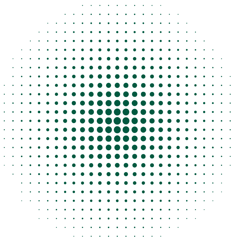 An abstract portrait of a woman created with green dots on a black background, forming her face and features.