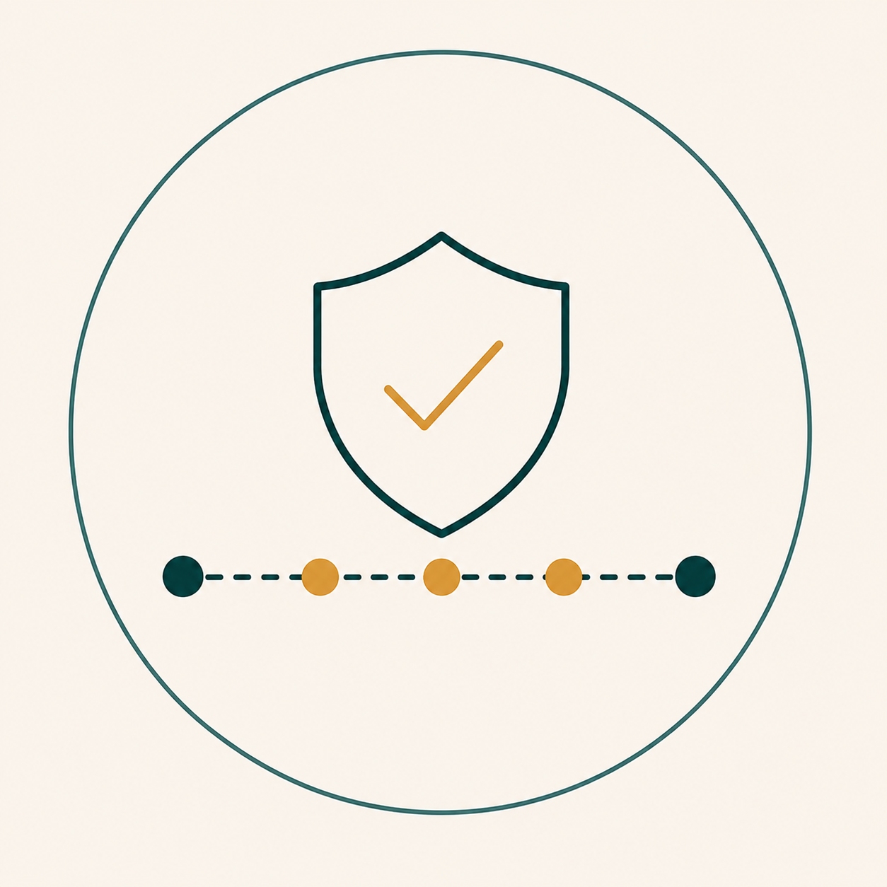 Graphic illustration of a shield with a checkmark inside, surrounded by a circular border and a horizontal dotted line with four dots indicating a progression.