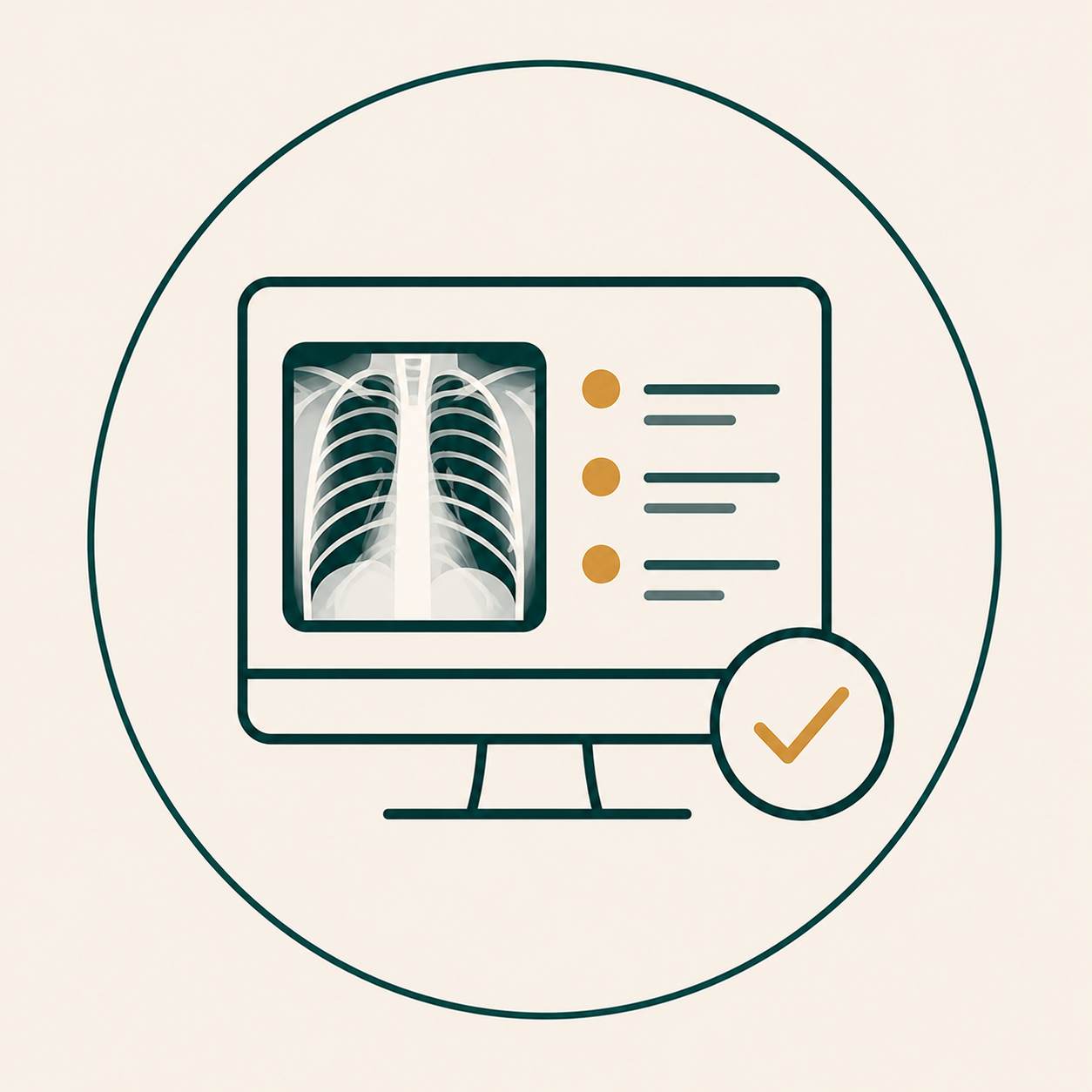 A computer monitor displaying a chest X-ray along with a checklist and a checkmark indicating approval.