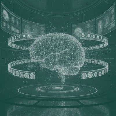 Digital illustration of a human brain surrounded by multiple screens and holographic data displays in a futuristic setting.