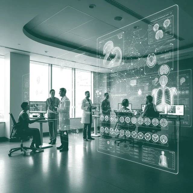 Medical professionals in a modern hospital work with digital holographic displays of medical scans of a swan, brain, pelvis, lungs, and a human figure, illustrating advanced medical technology.