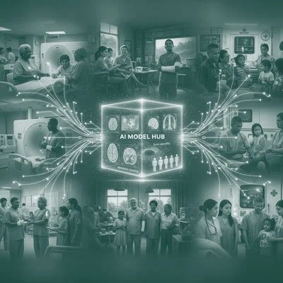 A diverse group of people, including healthcare workers and patients, gathered in a medical setting around a digital cube labeled 'AI MODEL HUB' with network connections extending from it.