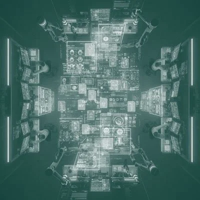 A room filled with multiple computer monitors, robotic arms, and electronic equipment, creating a futuristic control room or technology lab.