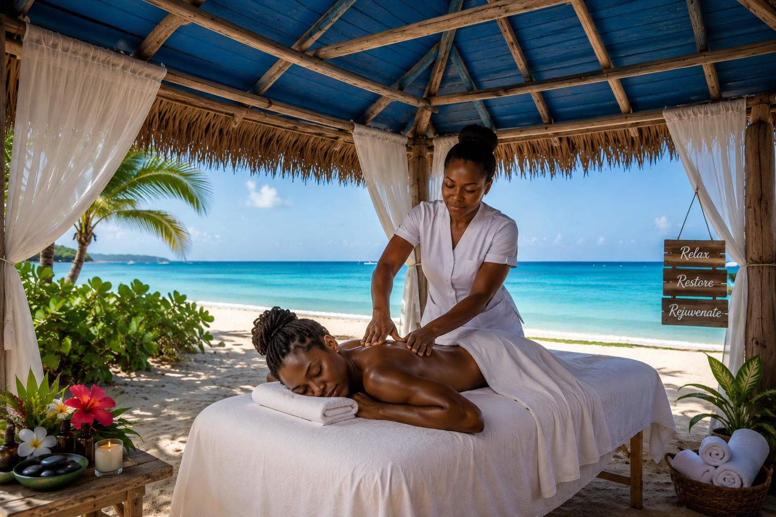 A woman receives a massage at an outdoor beachside massage hut with a thatched roof, white curtains, and a view of turquoise ocean, palm trees, and a clear blue sky.