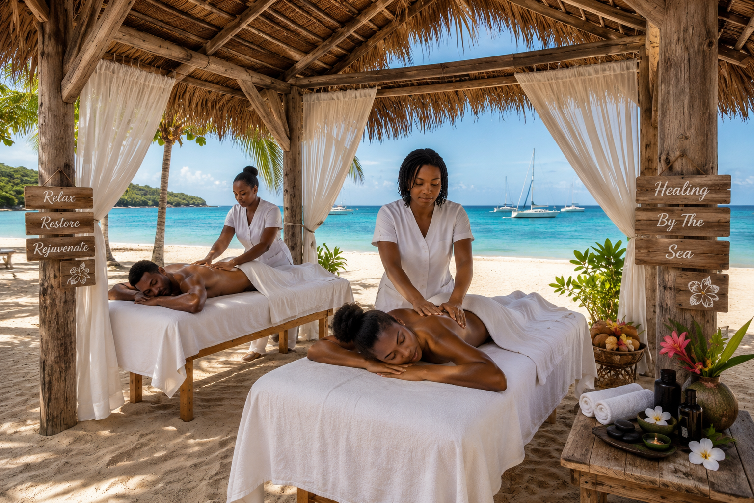 Two women receiving massage treatments at a beachside spa, with two men relaxing on massage tables under a thatched wooden and fabric gazebo, overlooking the ocean with boats, palm trees, and blue sky in the background.