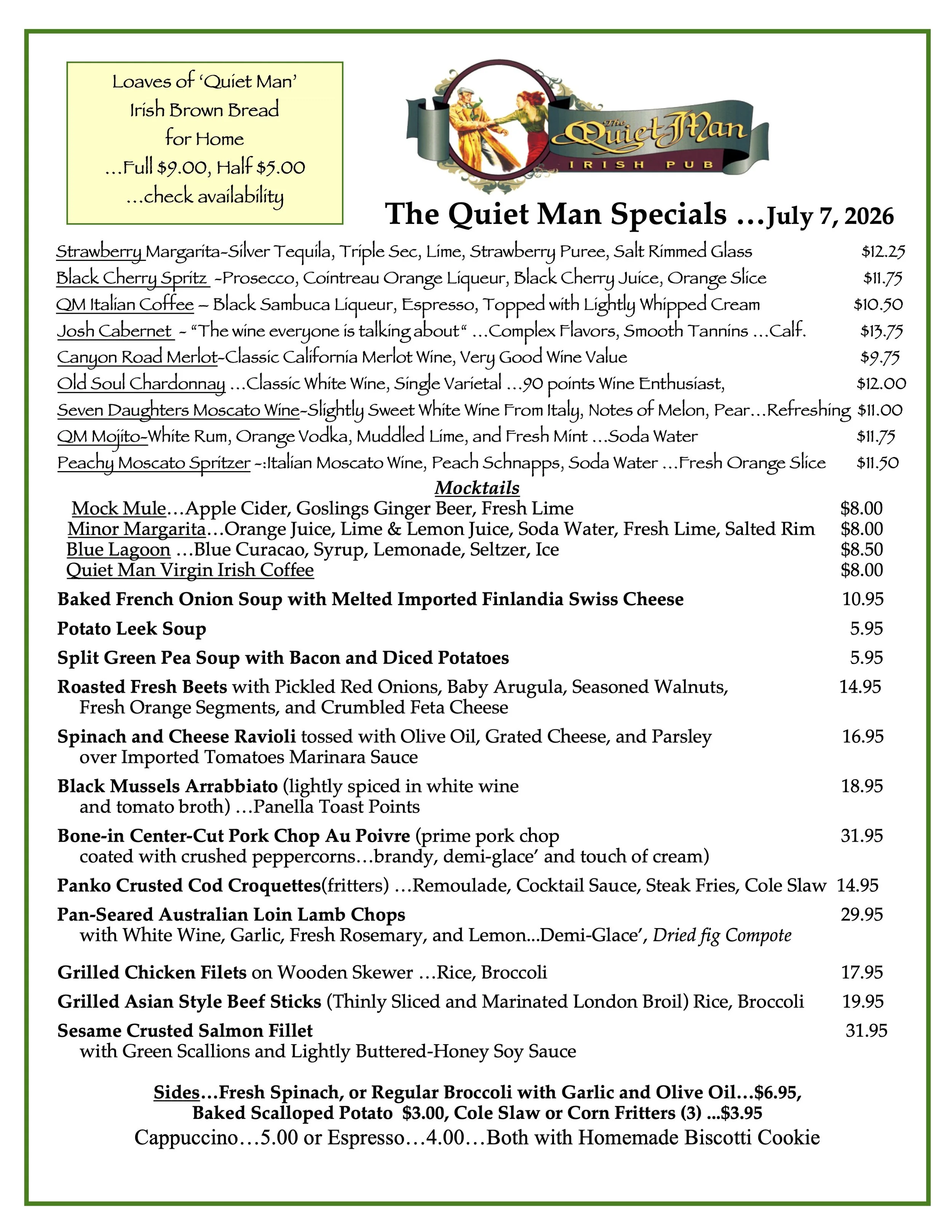Menu from The Quiet Man Irish Pub featuring daily specials, appetizers, salads, seafood, and grilled meats, with prices and descriptions.