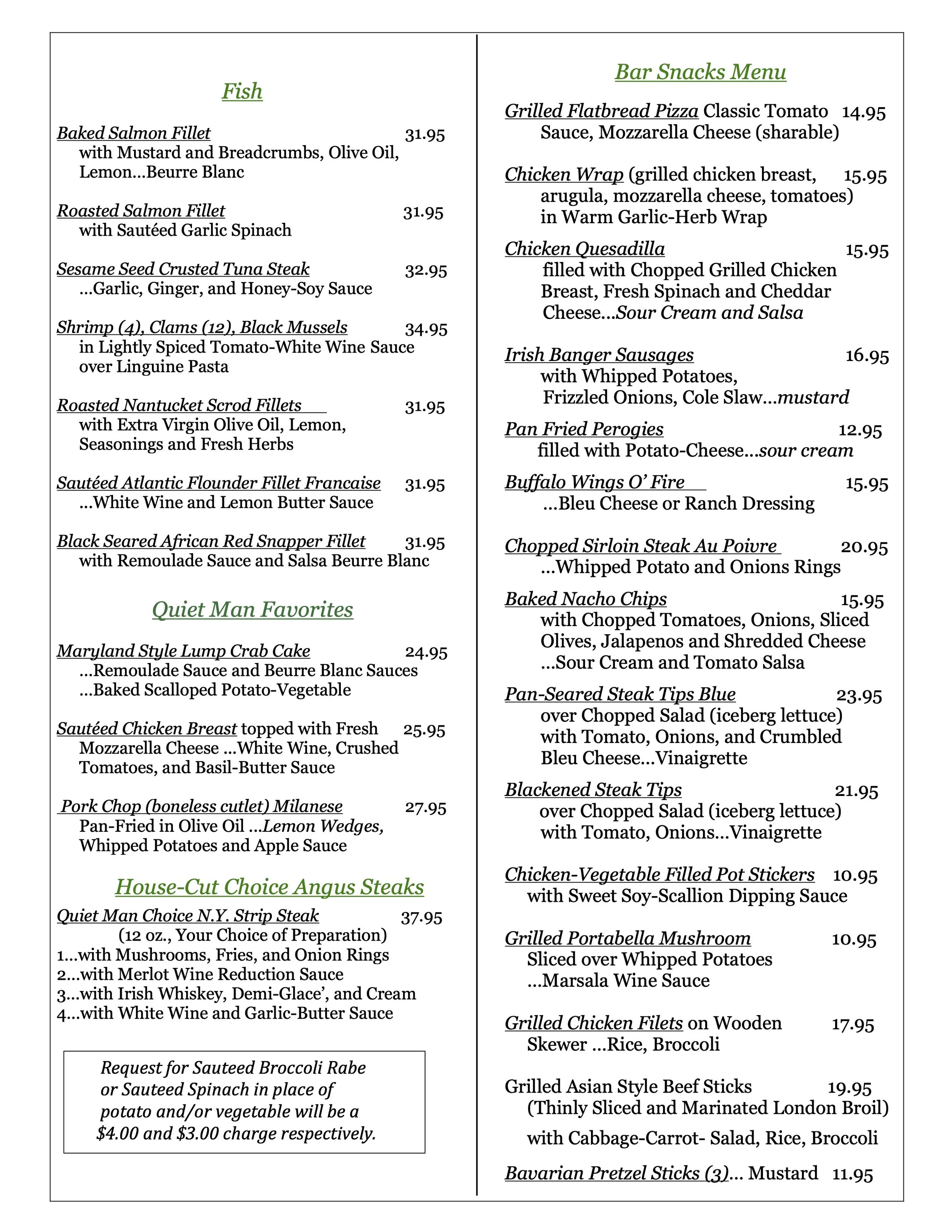 A printed menu featuring sections on Fish and Bar Snacks, listing various dishes with descriptions and prices.