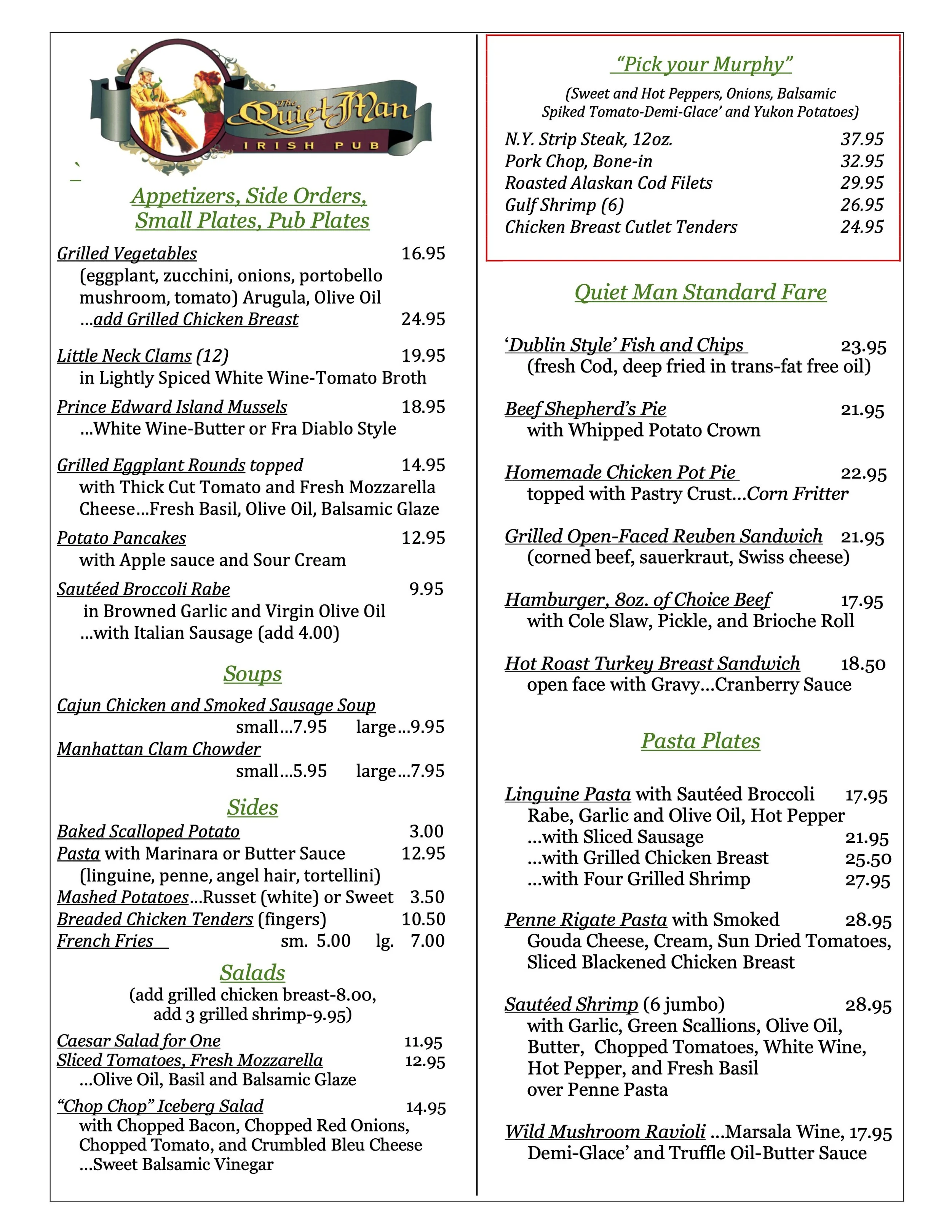 Menu from The Quiet Man Irish Pub featuring sections for Appetizers, Side Orders, Small Plates, Pub Plates, Soups, Salads, Pasta Plates, and Main Courses with prices.