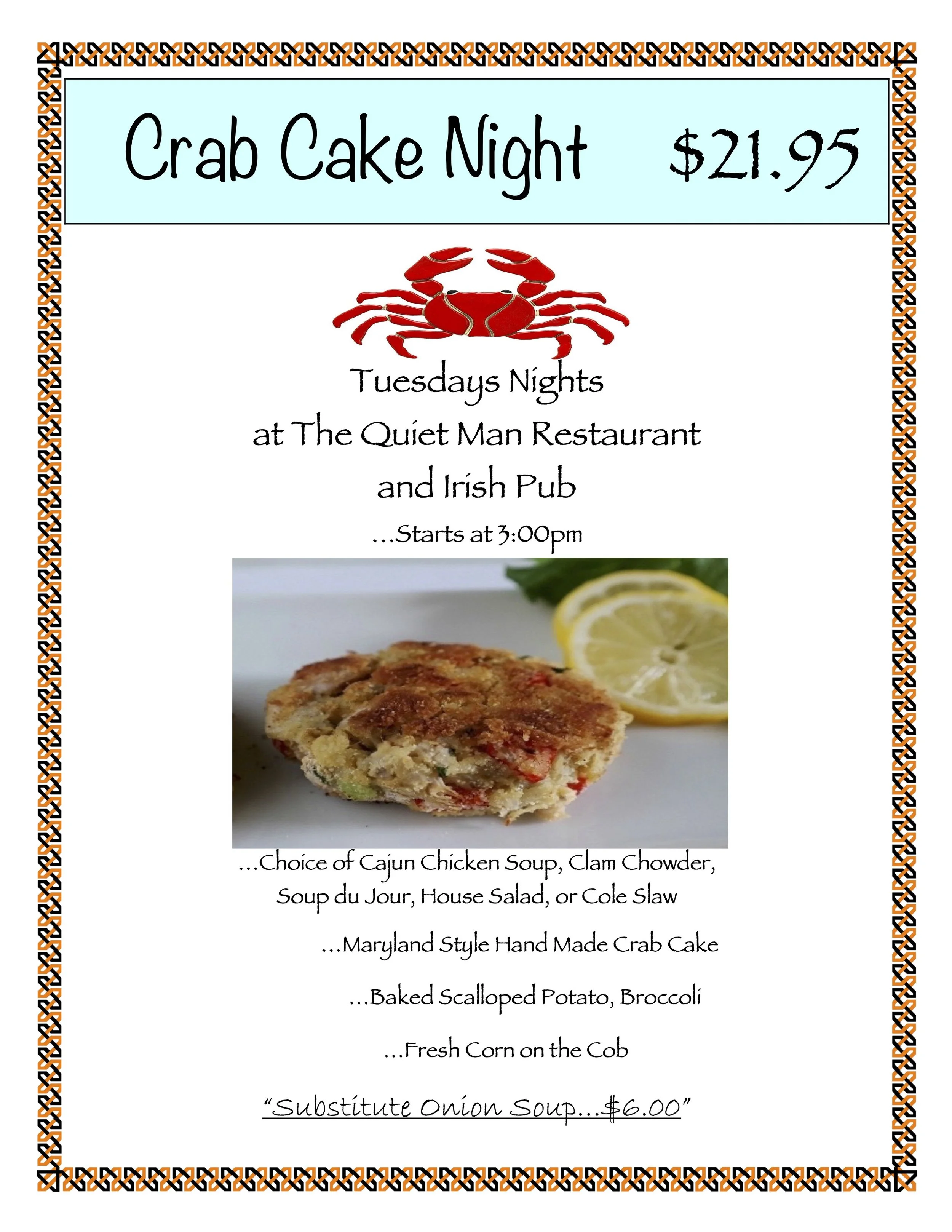 Menu for Crab Cake Night priced at $21.95, with details of offerings including crab cakes, soups, salads, and sides, featuring a photo of a crab cake garnished with lemon slices.
