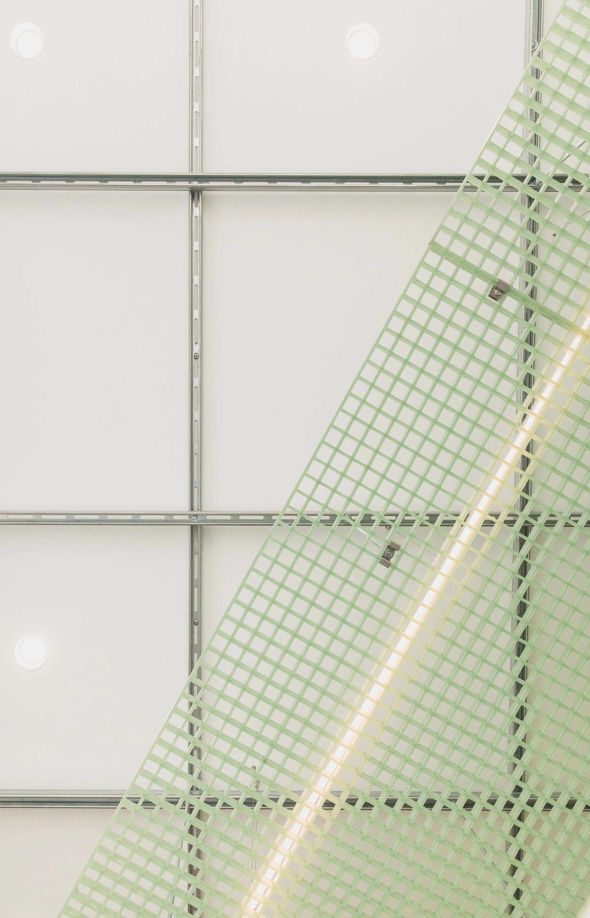 Ceiling with white panels, metallic grid framework, and a diagonal green plastic lattice structure.