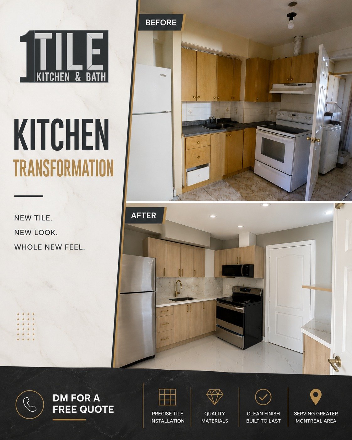 Before ➜ After ✨

This kitchen went from outdated and closed-in to bright, modern, and clean with large-format porcelain tile and a full backsplash upgrade.

The goal was simple:
✔️ Make the space feel bigger
✔️ Bring in a modern finish
✔️ Create cle