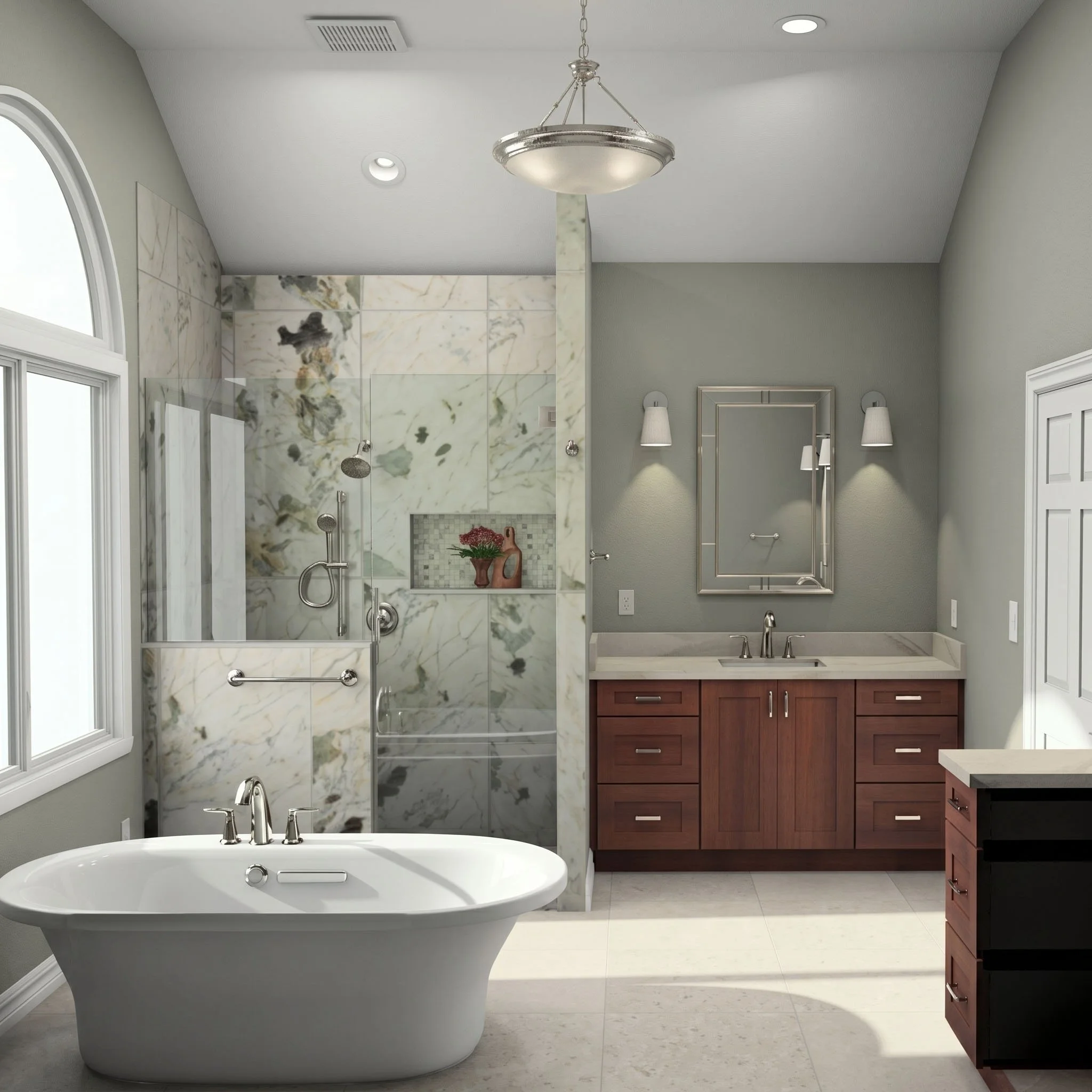 A luxurious bathroom featuring an elegant freestanding bathtub, a walk-in marble shower with glass doors, a large mirror with lighting, and wooden vanity cabinets.