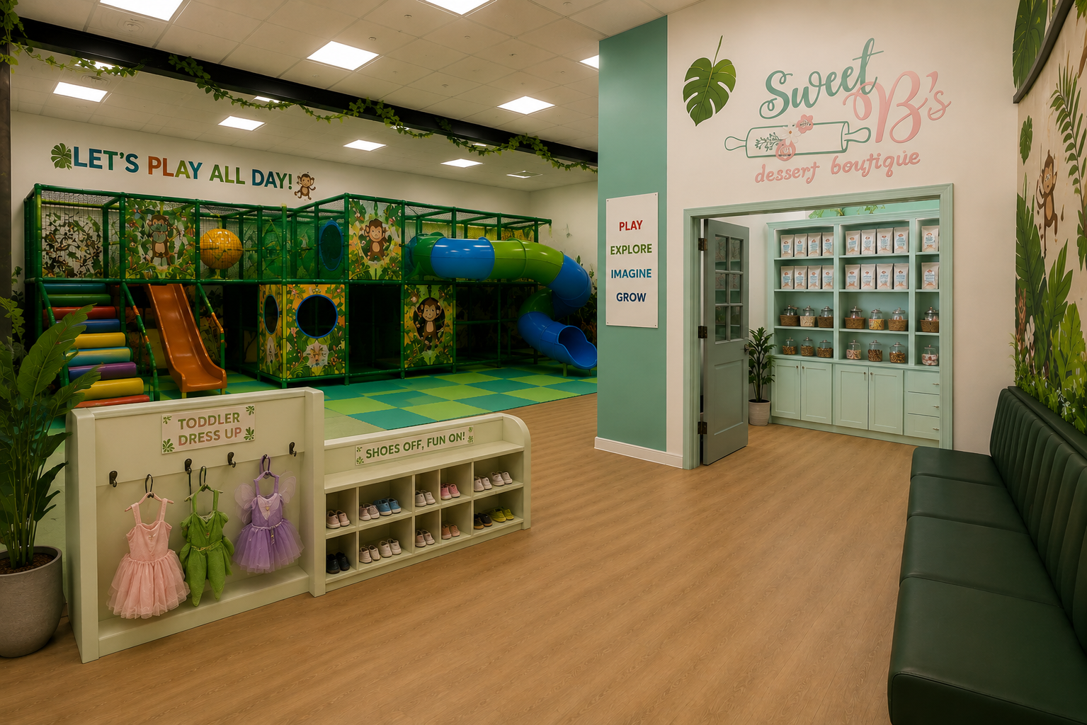 Indoor children's play area with jungle-themed decorations, a multi-level play structure, a slide, and a twisting tunnel. Adjacent to the play area is a small shop named 'Sweet JB's Dessert Boutique' with shelves of jars and a seating area.