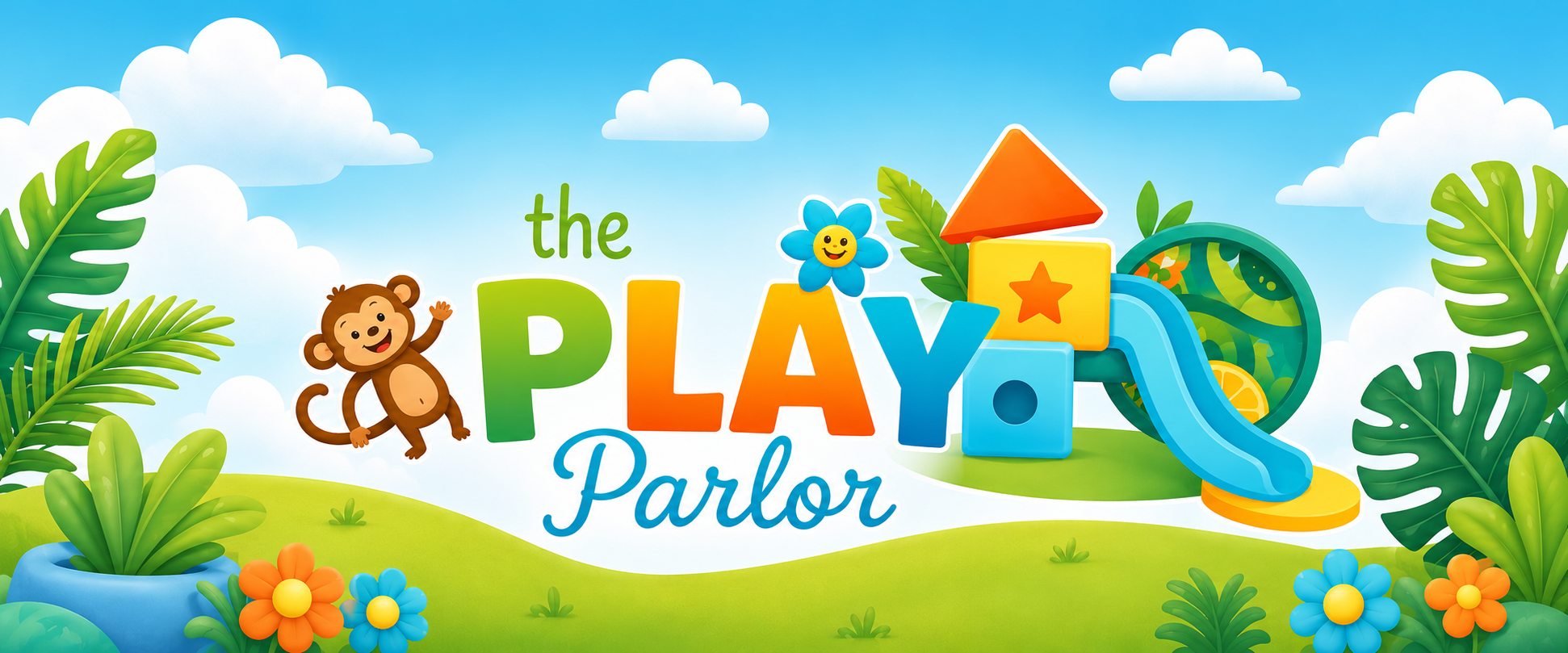 Colorful logo for 'the play parlor' featuring a cheerful monkey, smiling blue flower, playground slide, blocks, lush greenery, and vibrant flowers under a bright blue sky with fluffy clouds.