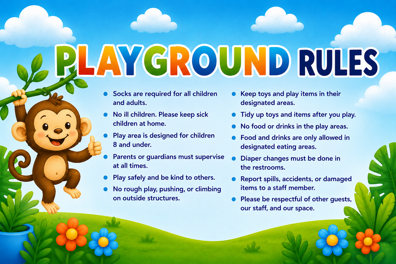 Colorful playground rules sign featuring a smiling cartoon monkey hanging from a tree branch, surrounded by green plants and vibrant flowers, with guidelines for safe play and behavior.