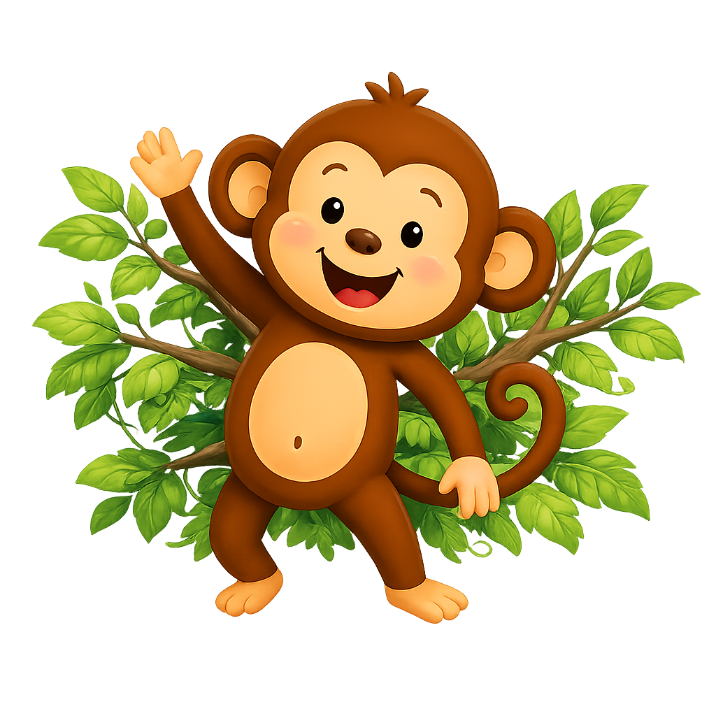 Smiling cartoon monkey waving with green leafy branches in the background.
