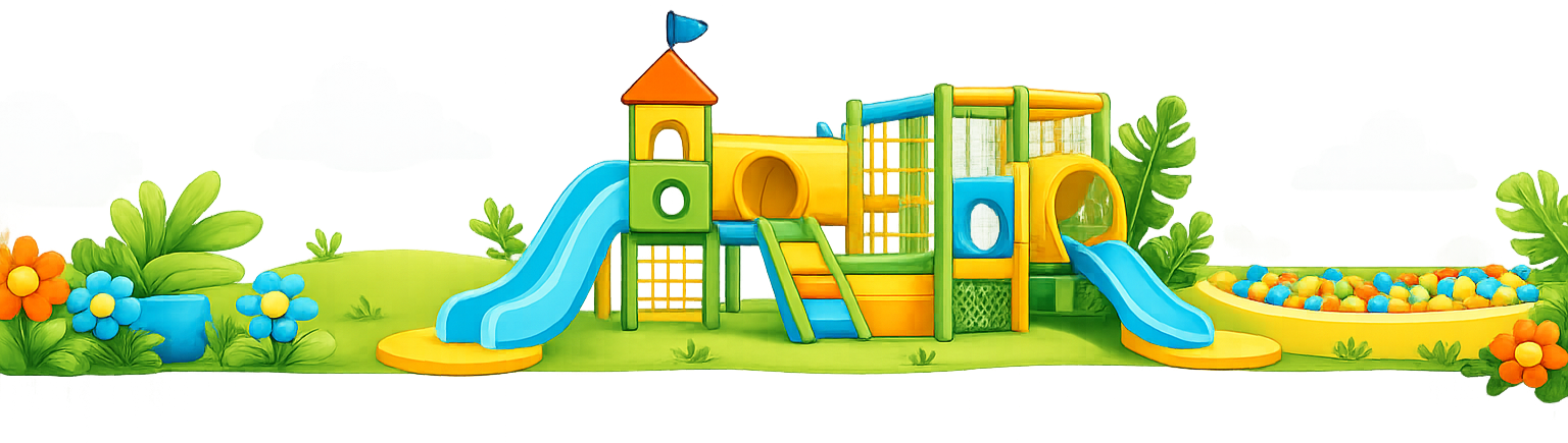 Colorful outdoor playground with slides, tunnels, and a ball pit, surrounded by cartoon flowers and plants, under a sky with clouds.