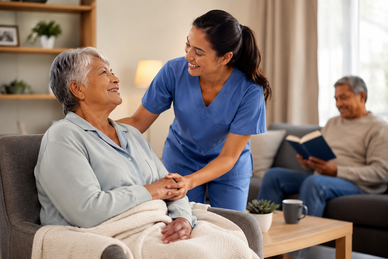 Assura caregiver providing supportive respite care to an older man relaxing comfortably at home.