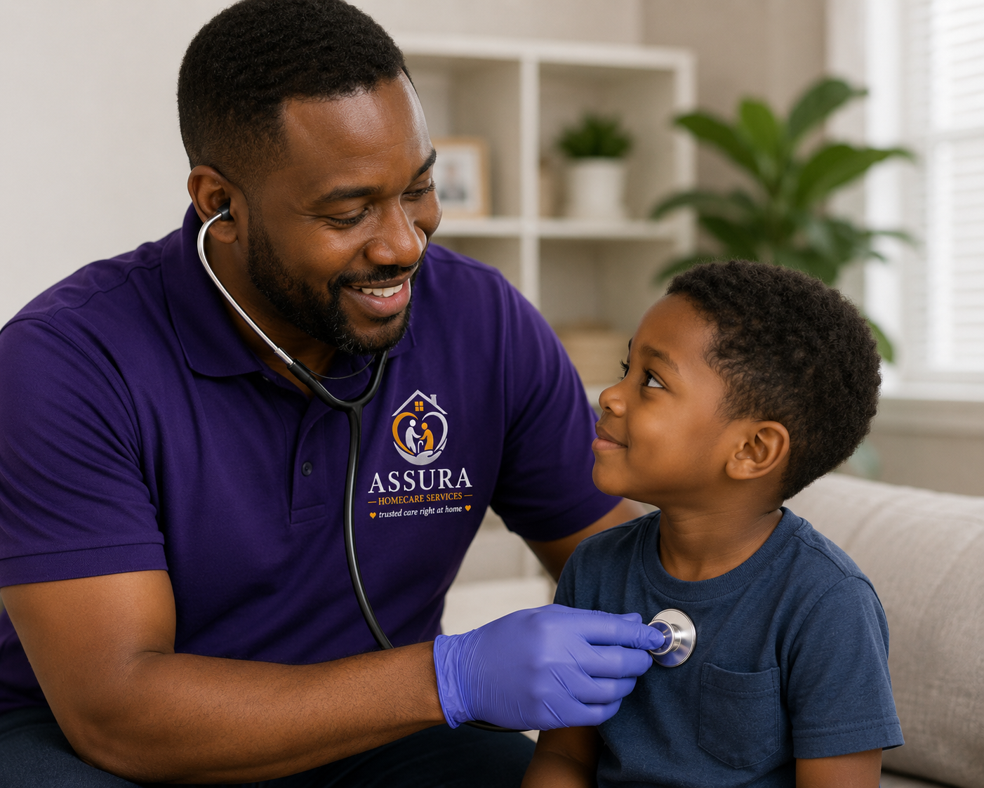 Compassionate Male Assura Home caregiver assisting a young boy client at home in a warm and comfortable living environment.