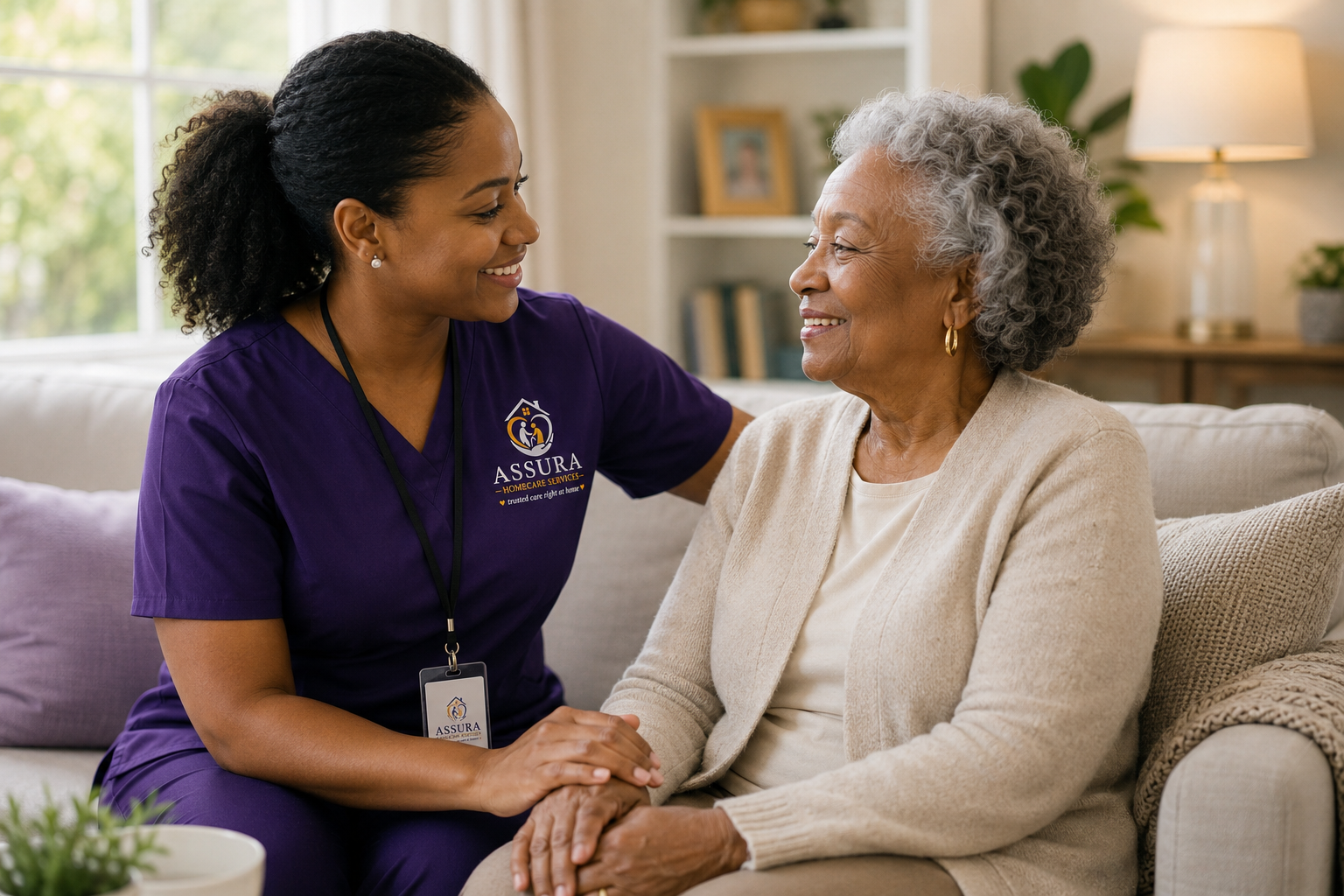 Compassionate Assura Home caregiver assisting an elderly client at home in a warm and comfortable living environment.