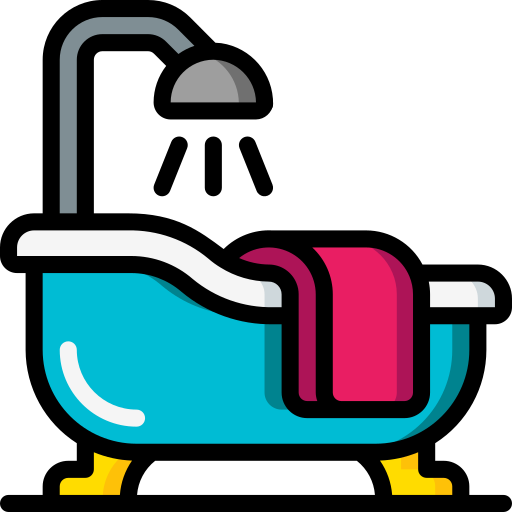 Cartoon bathtub with a pink towel hanging over the side and a showerhead above it, set against a black background.