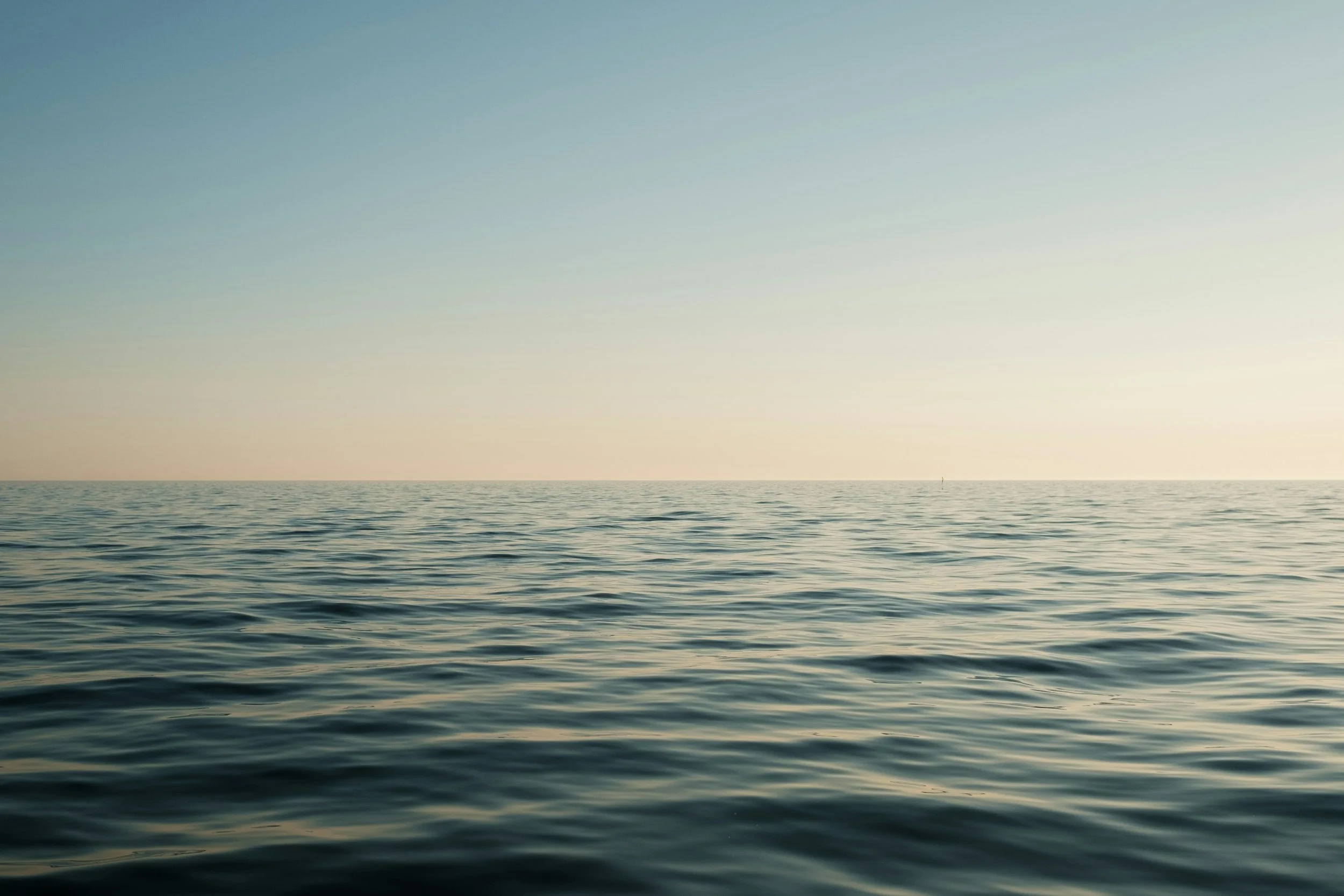 A calm ocean with gentle waves extending to the horizon under a clear sky during sunset or sunrise.