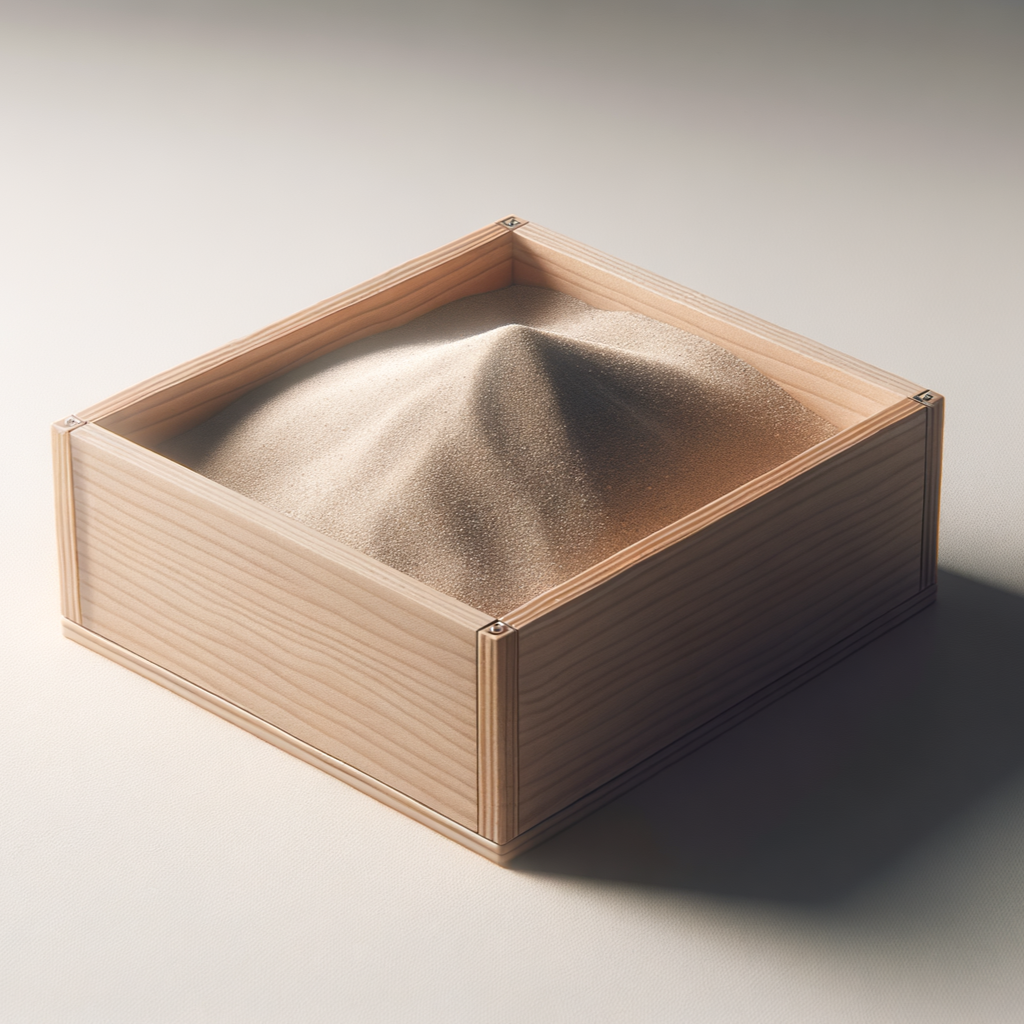 A wooden box filled with a pile of metallic, gold-colored sand on a plain surface.