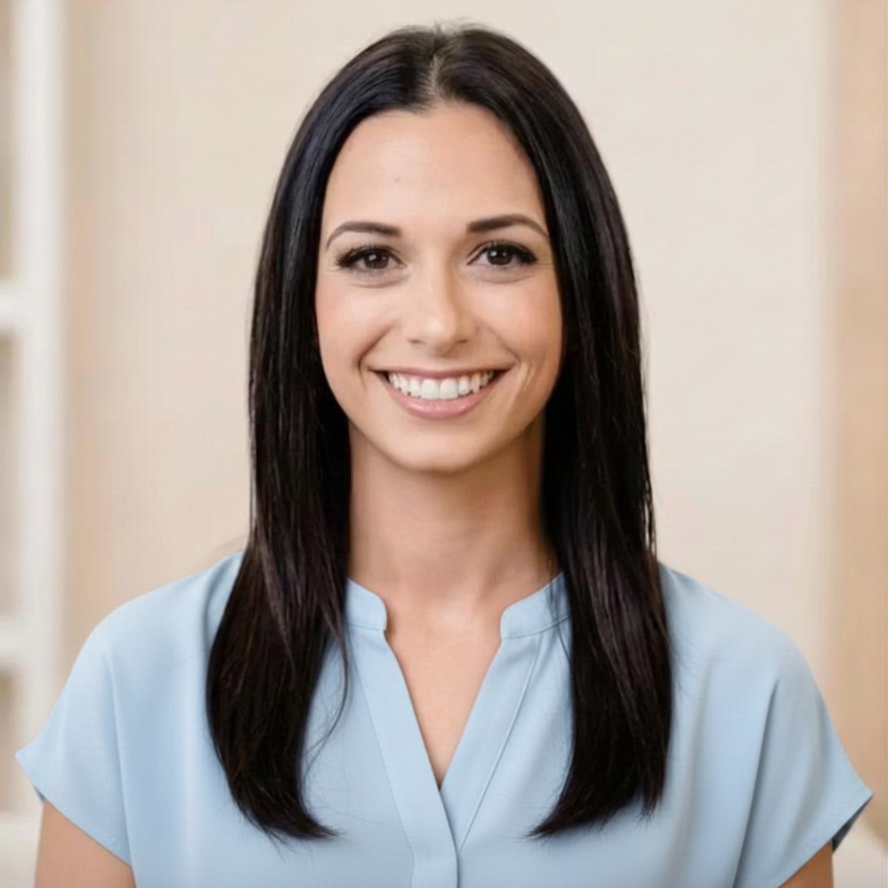 A woman with long, straight black hair smiling, wearing a light blue top, standing indoors with a neutral background.