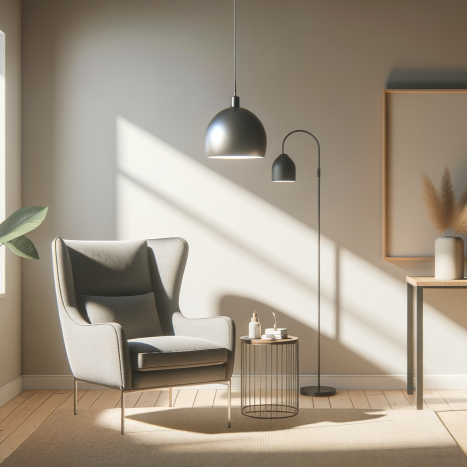 Modern living room with gray armchair, two black pendant lamps, a round side table with candles, a beige rug, a light-colored wall, and a side table with a vase of dried pampas grass, sunlight streaming in.