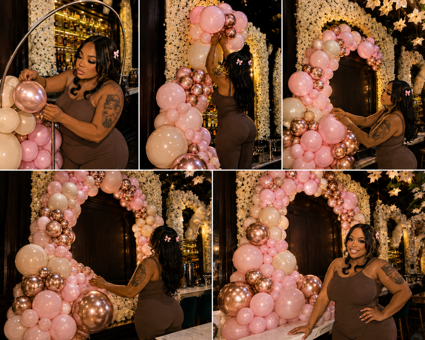 A woman in a brown dress arranging pink and metallic balloons around a decorative arch with white flowers, in a bar or event setting.