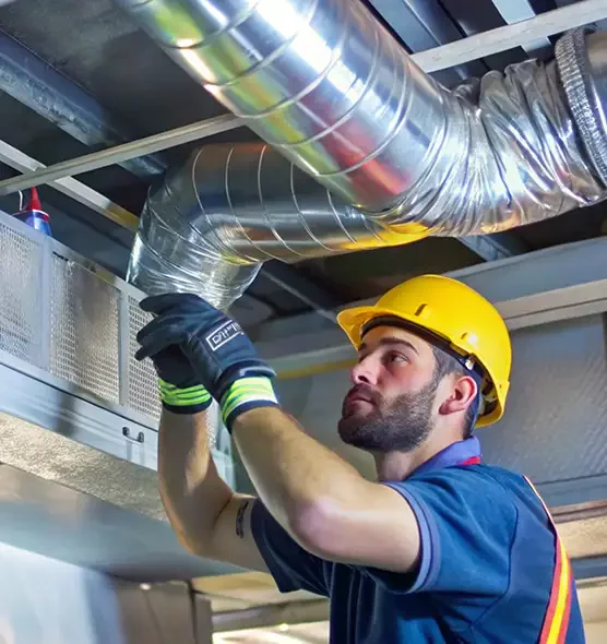 A maintenance worker wearing a yellow safety helmet and gloves inspecting ventilation ducts in an industrial setting.