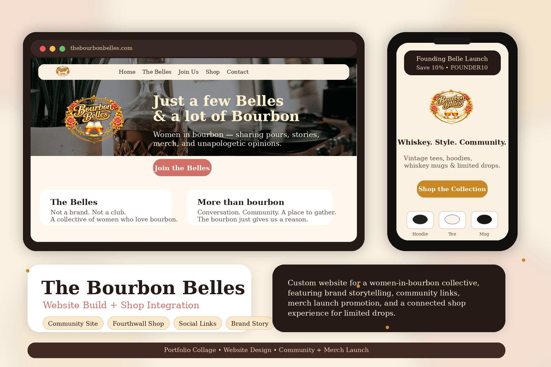 A screenshot of a website and mobile app for The Bourbon Belles, a women-in-bourbon community. The website features the logo with bourbon glasses and flowers, a navigation menu, and sections about the community, shop, and storytelling. The mobile app displays a launch promotion, logo, and a collection of merchandise like hoodies, tees, and mugs.