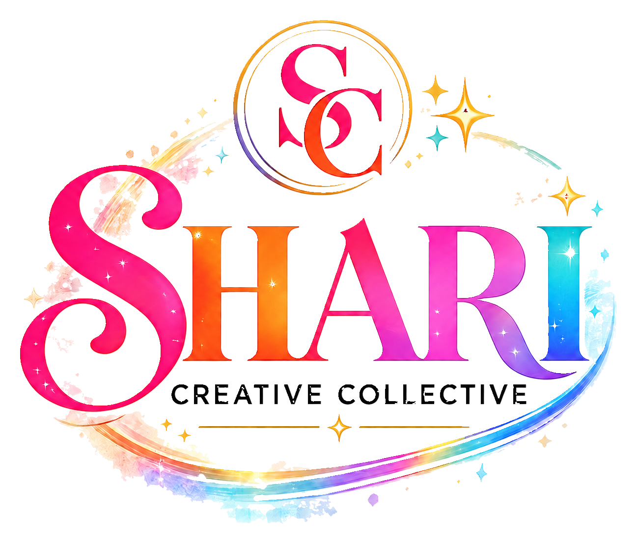 Colorful logo with the words C'SHARI and CREATIVE COLLECTIVE, surrounded by stars and rainbow light effects.