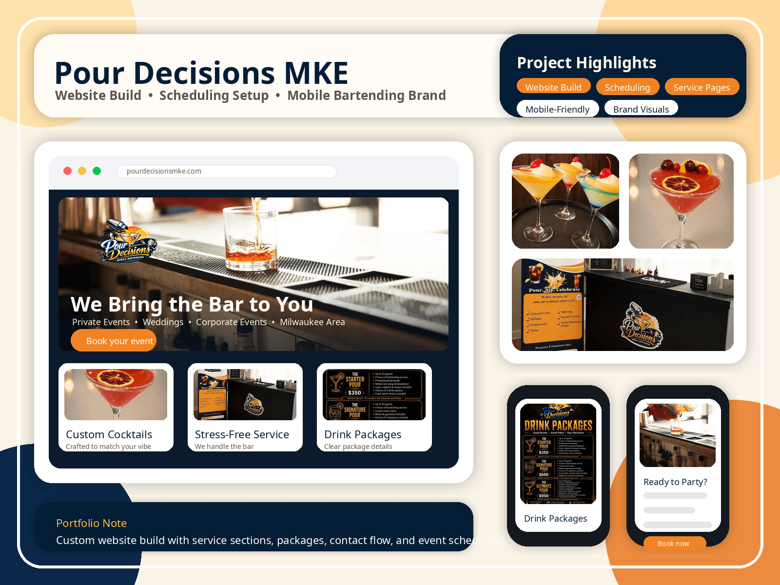 Screenshot of Pour Decisions MKE website showcasing bartending services, cocktails, event packages, and booking options with various images of cocktails, a bar counter, and promotional materials.