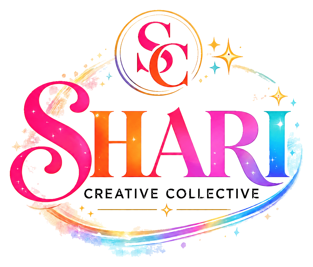 Colorful logo with the words "SHARI CREATIVE COLLECTIVE" and a stylized swirling rainbow design, stars, and sparkles on a black background.
