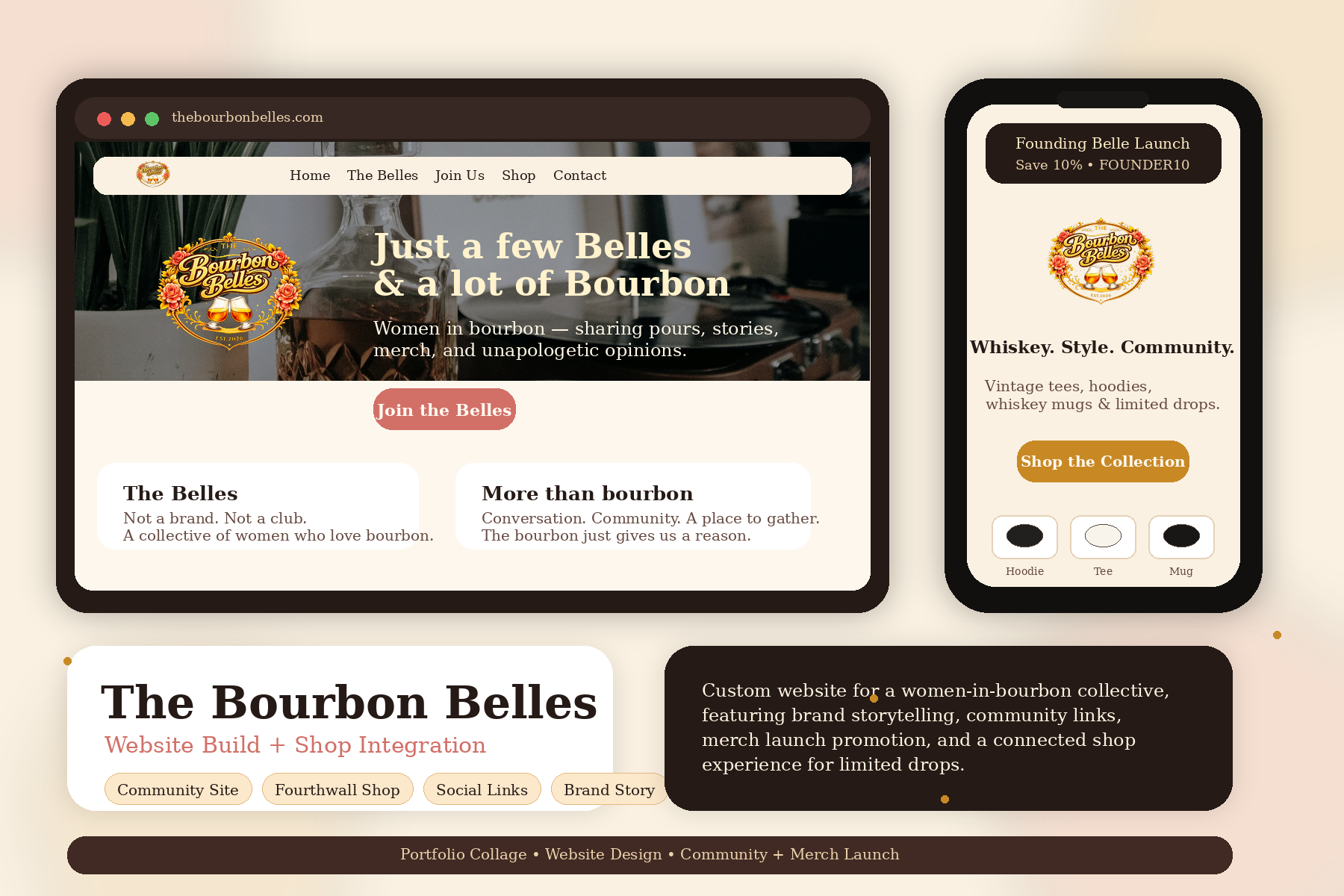 Screenshot of a website homepage for 'The Bourbon Belles', a women's bourbon-loving community. The site features a logo with two bourbon glasses, a navigation menu with links to Home, The Belles, Join Us, Shop, Contact, sections titled 'Just a few Belles & a lot of Bourbon,' 'Women in bourbon sharing opinions,' and buttons for joining and shopping. The color scheme includes beige, brown, and accents of pink and black.