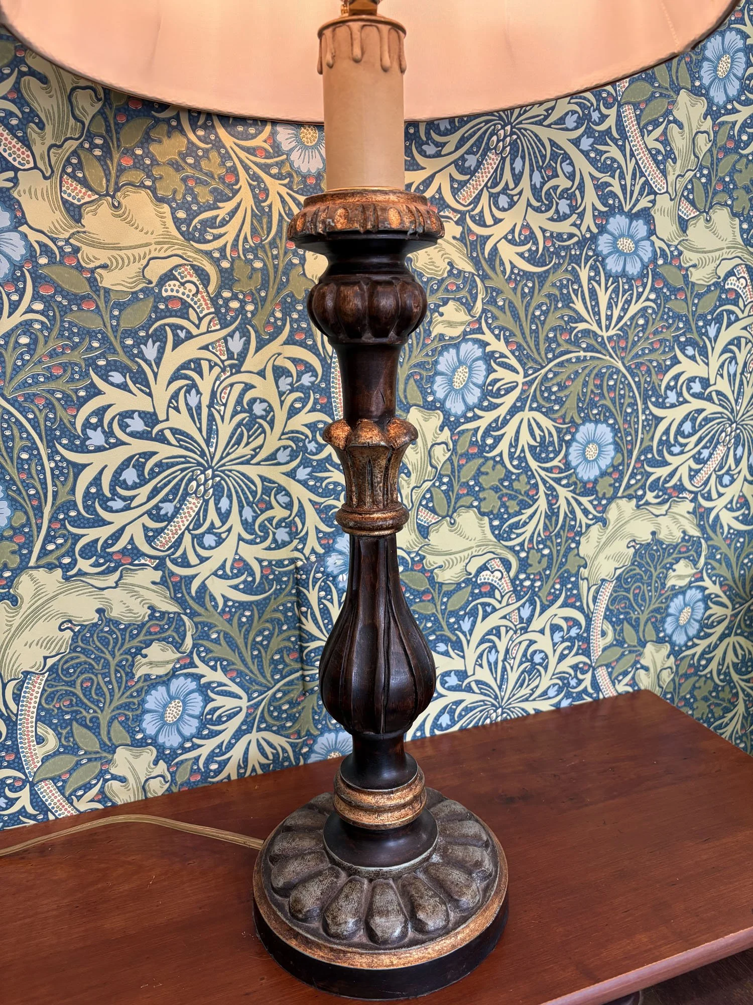 Detail of Bradburn table lamp with hand-painted vert-de-gris and gold finish and warm silk shade, Evelyn's Emporium Saint Paul