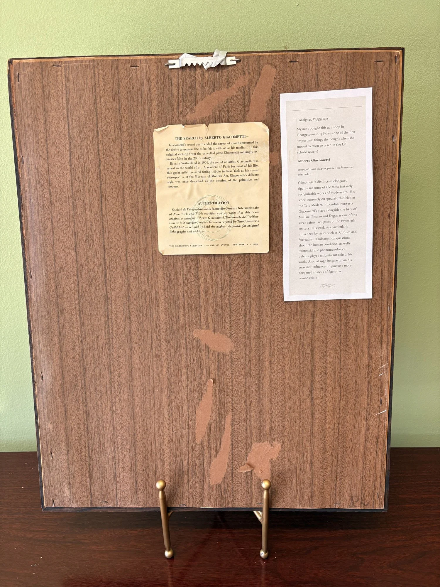 Back view of authenticated original etching "The Search" by Alberto Giacometti purchased in Washington D.C. in 1967, Evelyn's Emporium Saint Paul