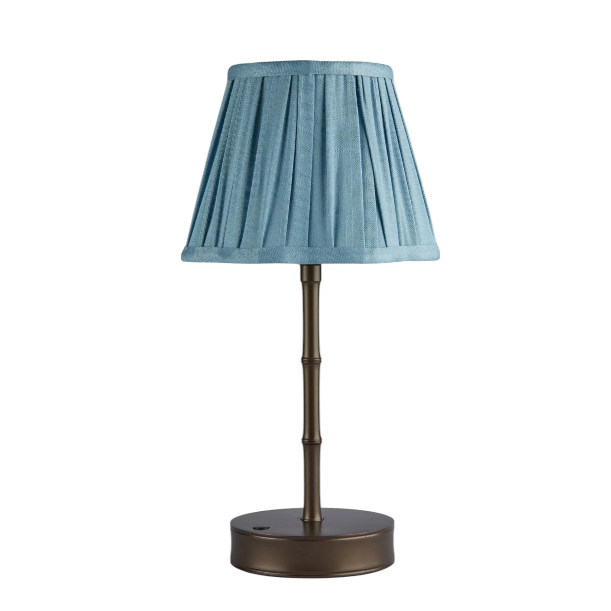 Bronze bamboo rechargeable cordless 10" table lamp by Addison Ross with a blue linen pleated shade, Evelyn's Emporium Saint Paul