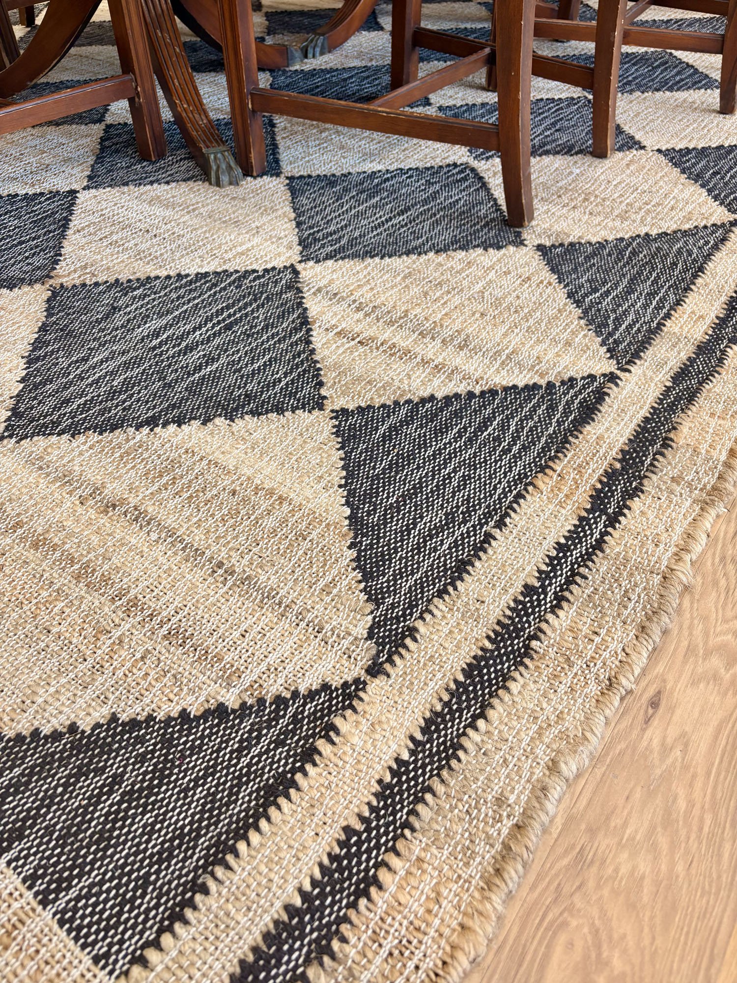 Hand-woven jute and wool checkered area rug with classic block print pattern - detail, Evelyn's Emporium Saint Paul
