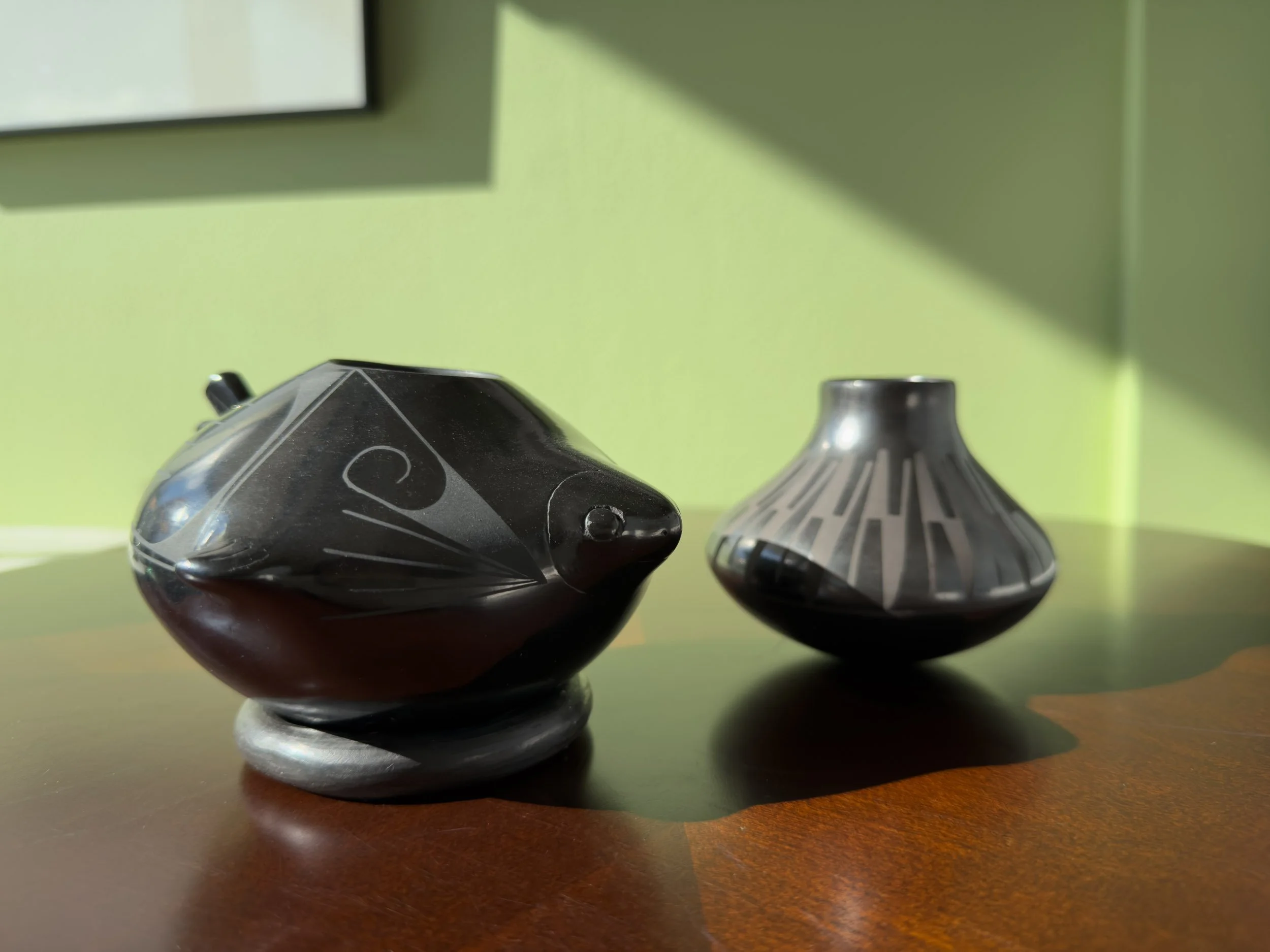 Mata Ortiz blackware pottery vessels with geometric patterns, Evelyn's Emporium Saint Paul