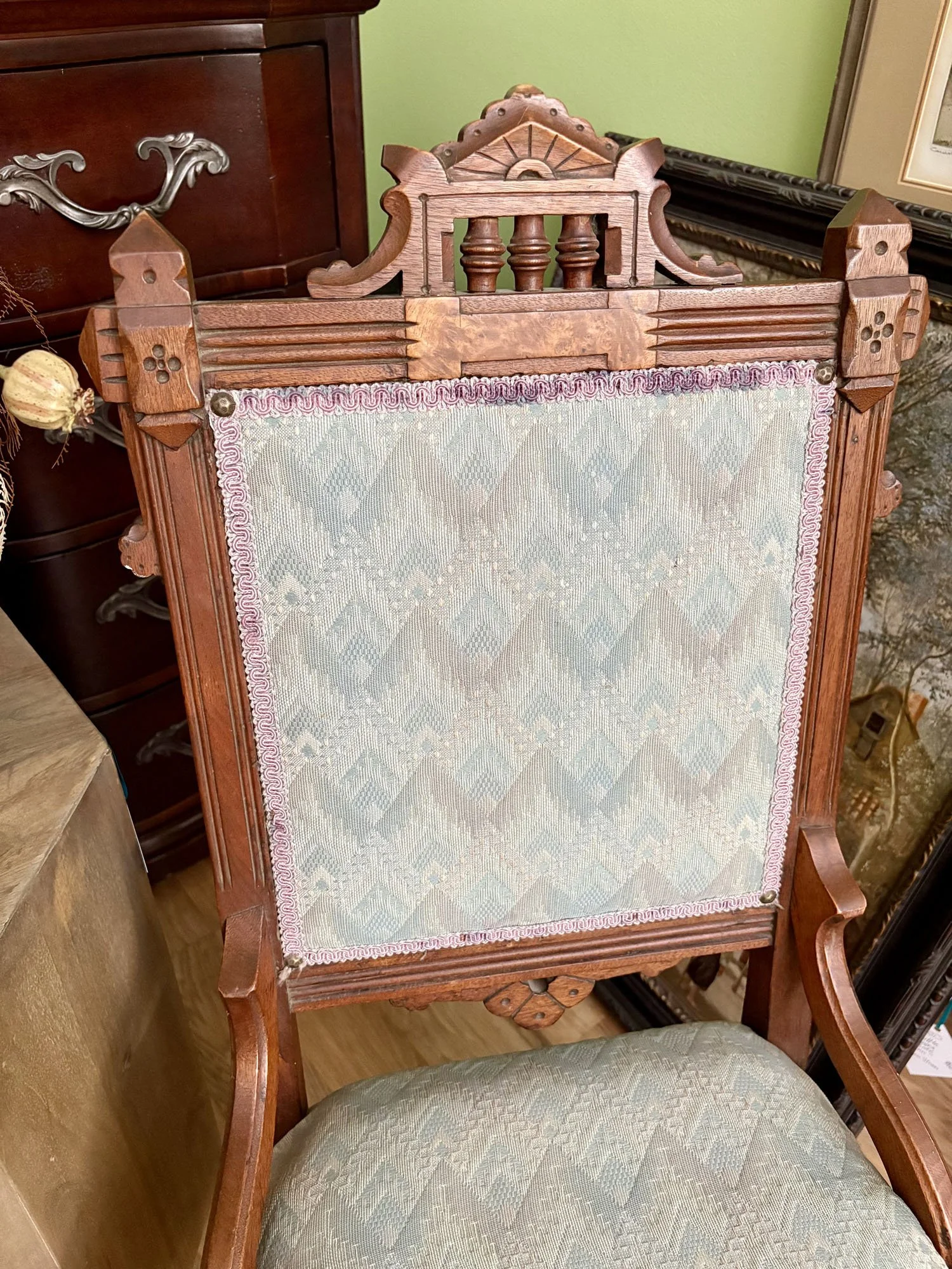 Pair of Eastlake antique chairs upholstered in pale blue celadon and soft pink with carved wood and burl accents - upholstery detail, Evelyn's Emporium Saint Paul