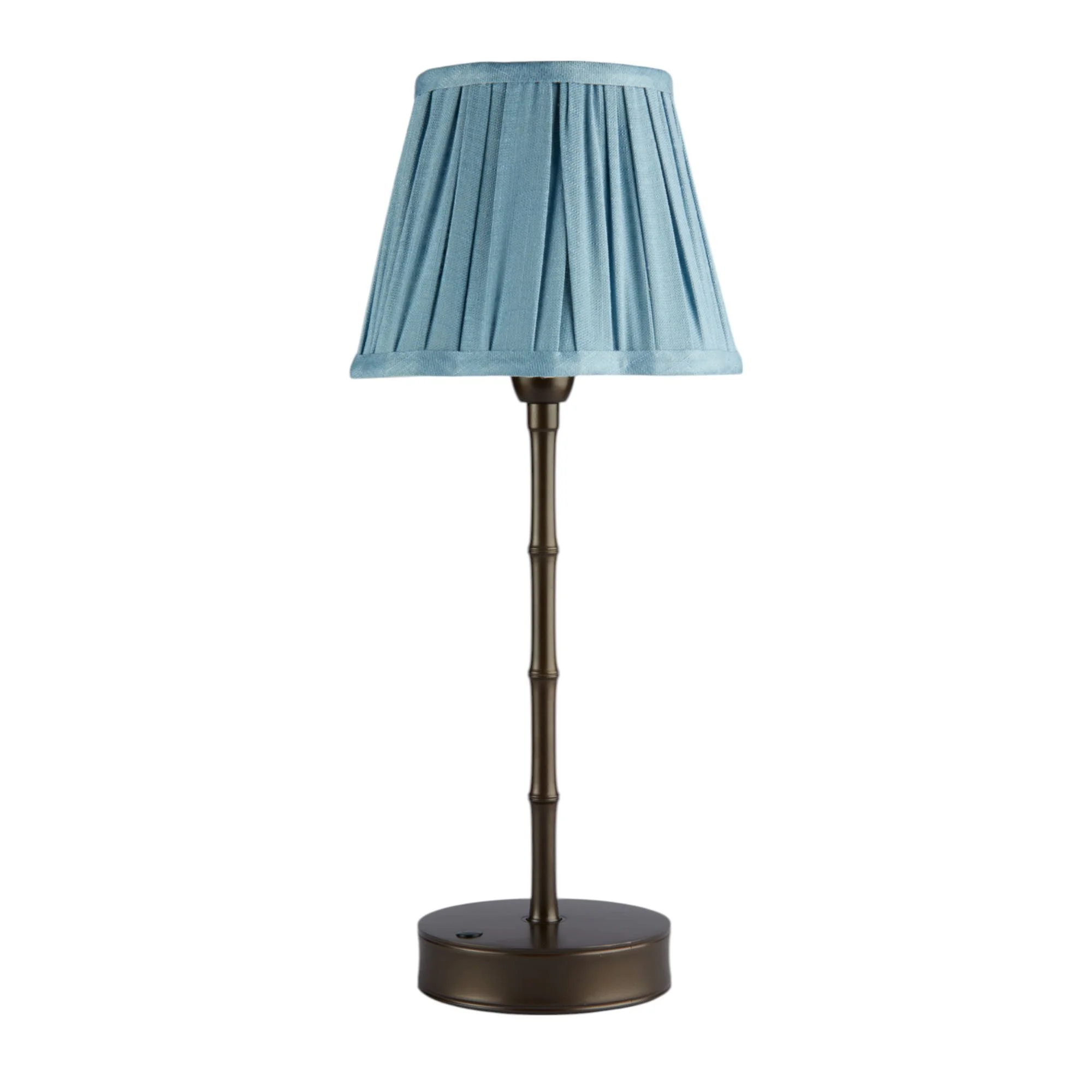 Bronze bamboo rechargeable cordless 12" table lamp by Addison Ross with blue linen pleated shade, Evelyn's Emporium Saint Paul