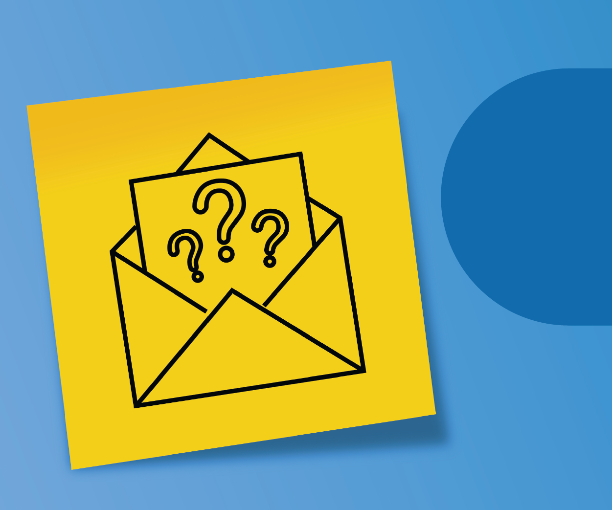 Yellow sticky note with a drawing of an envelope and a card with question marks, on a blue surface.