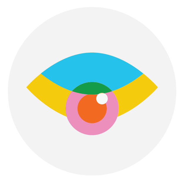 Stylized illustration of an eye with colorful, abstract shapes representing the eyelid, iris, and pupil.