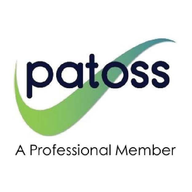 Logo for Patoss, a professional member organization with a green and blue checkmark design and the slogan "A Professional Member."
