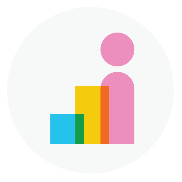 A stylized icon of a person next to a bar graph with four colorful bars in blue, green, yellow, and red.