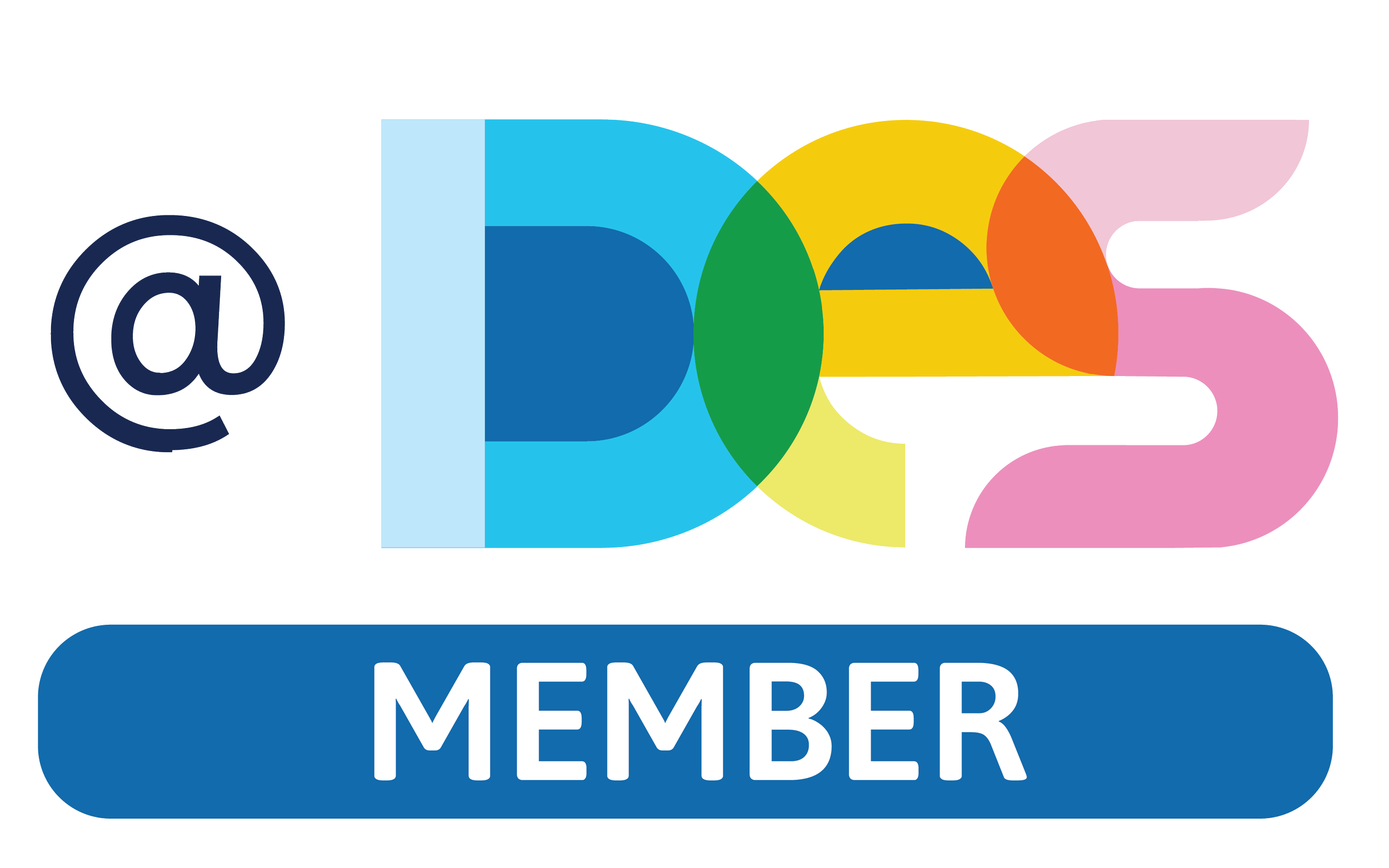 Logo for a member badge with a blue rectangular background and white text that reads 'MEMBER' and  an abstract multicolored fish icon emitting a pink splash, symbolizing water or an aquatic theme.