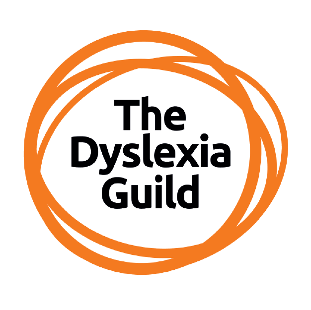 Logo for The Dyslexia Guild with orange overlapping circles surrounding black text.