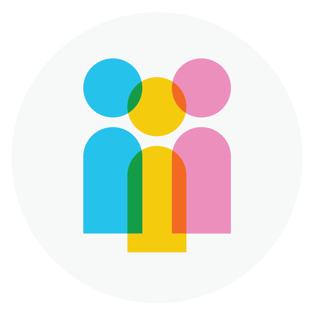 Overlapping icons of a man and woman in blue and pink, with a yellow circle and smaller red and green circles, representing diversity and inclusion.